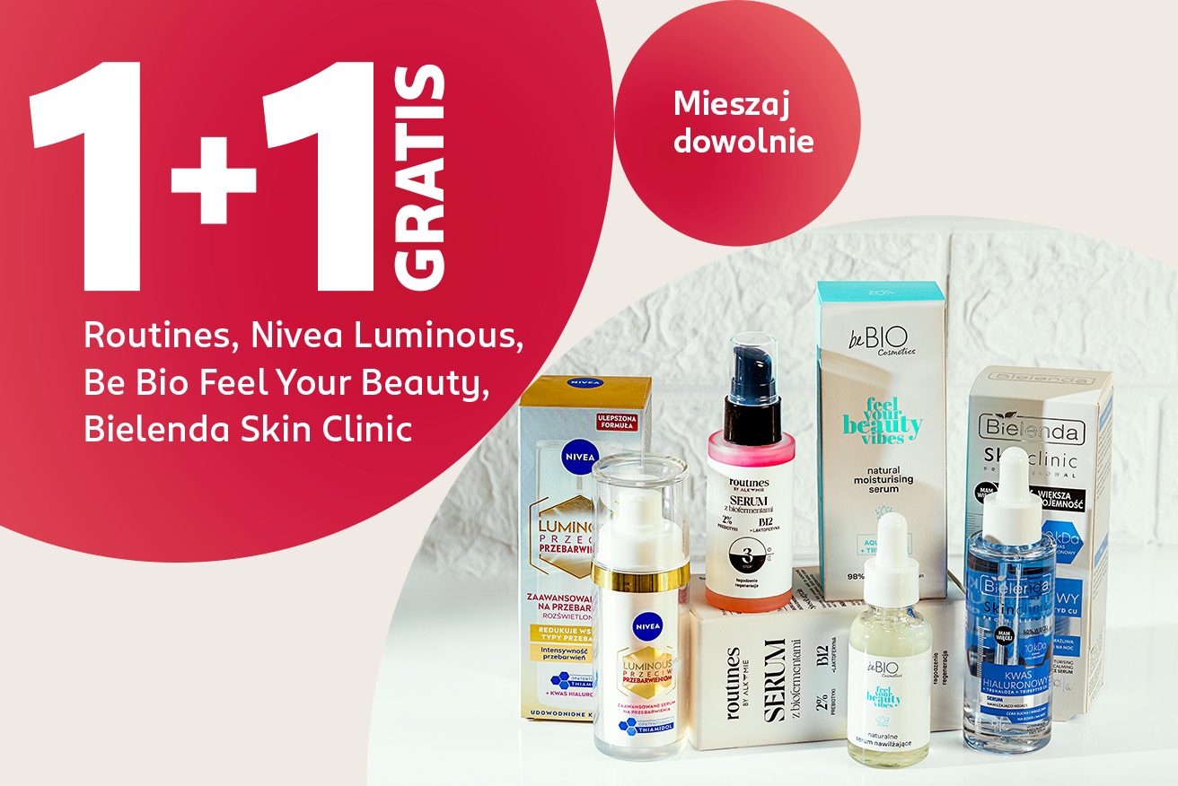 Promocja 1+1 gratis na sera do twarzy marek Routines, Nivea Luminous, Be Bio i Bielenda Skin Clinic. Mieszaj dowolnie – promocja w drogeriach Rossmann.