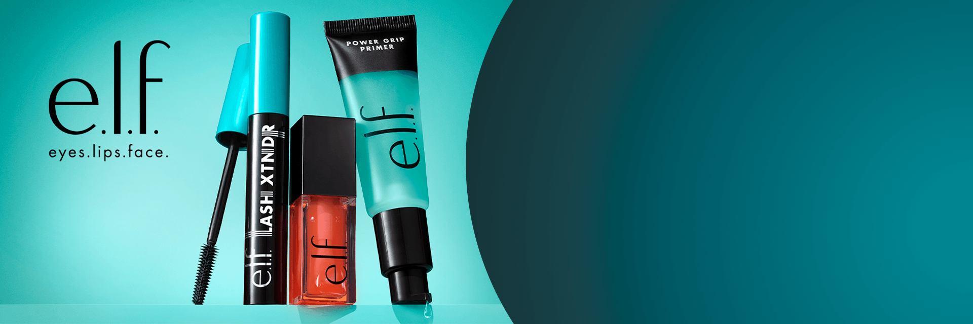 Baner marki e.l.f. z tuszem Lash Extender, błyszczykiem i bazą Power Grip Primer na niebieskim tle z hasłem „eyes.lips.face.”