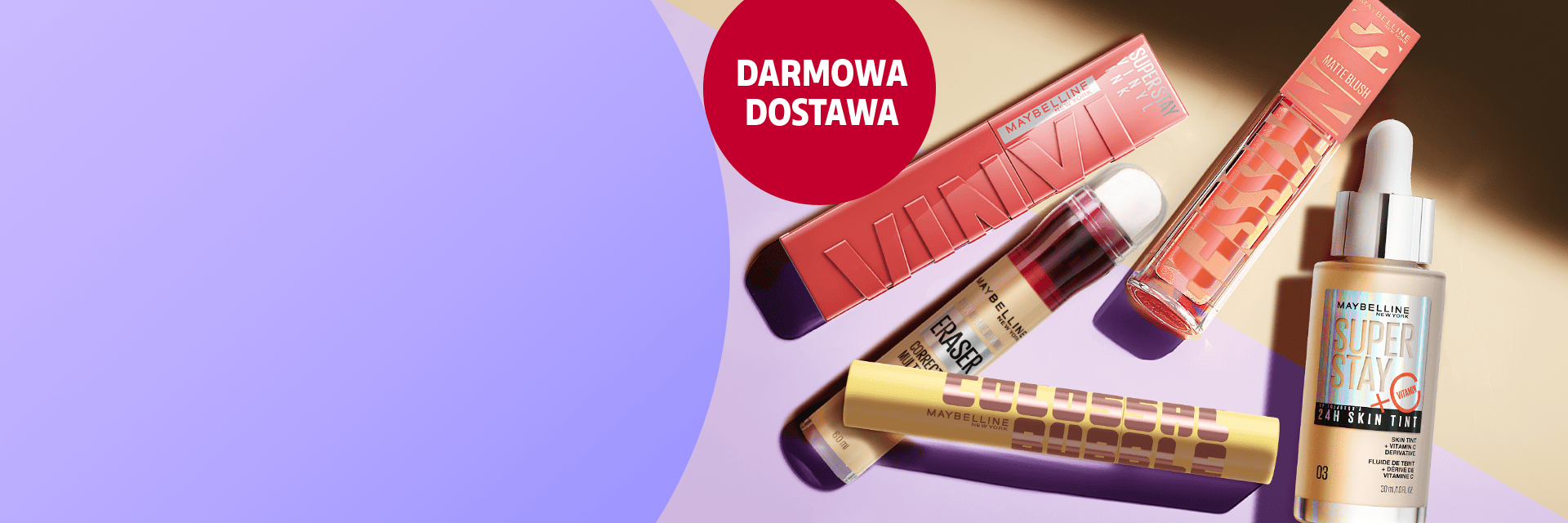 Baner promujący darmową dostawę na produkty marki Maybelline NY.