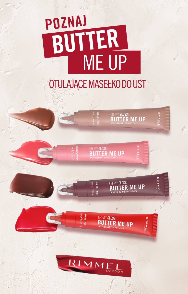 Baner z czterema otulającymi masełkami do ust Rimmel London „Butter Me Up” w czterech różnych odcieniach na jasnym tle – nowość dostępna w drogerii online.