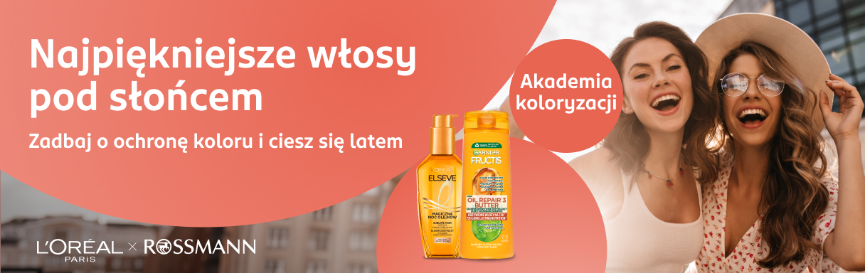 Baner z produktami L'Oréal Elseve i Garnier Fructis Oil Repair 3, hasło 'Zadbaj o ochronę koloru', baner kieruje do Akademii Koloryzacji.