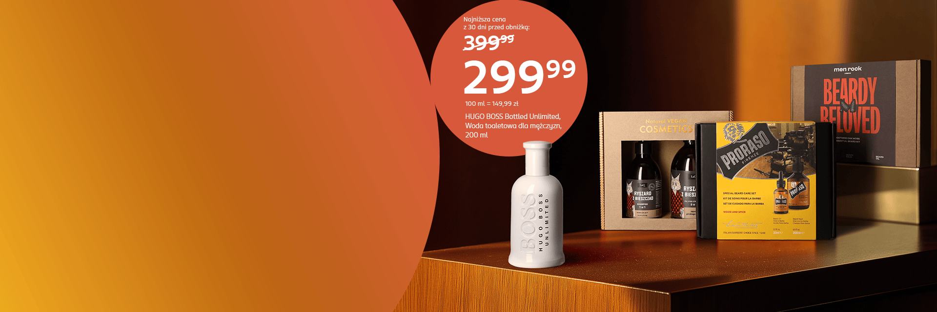 HUGO BOSS Bottled Unlimited 200 ml dla mężczyzn w cenie 299,99 zł; obok zestawy kosmetyków do brody Proraso i Men Rock.