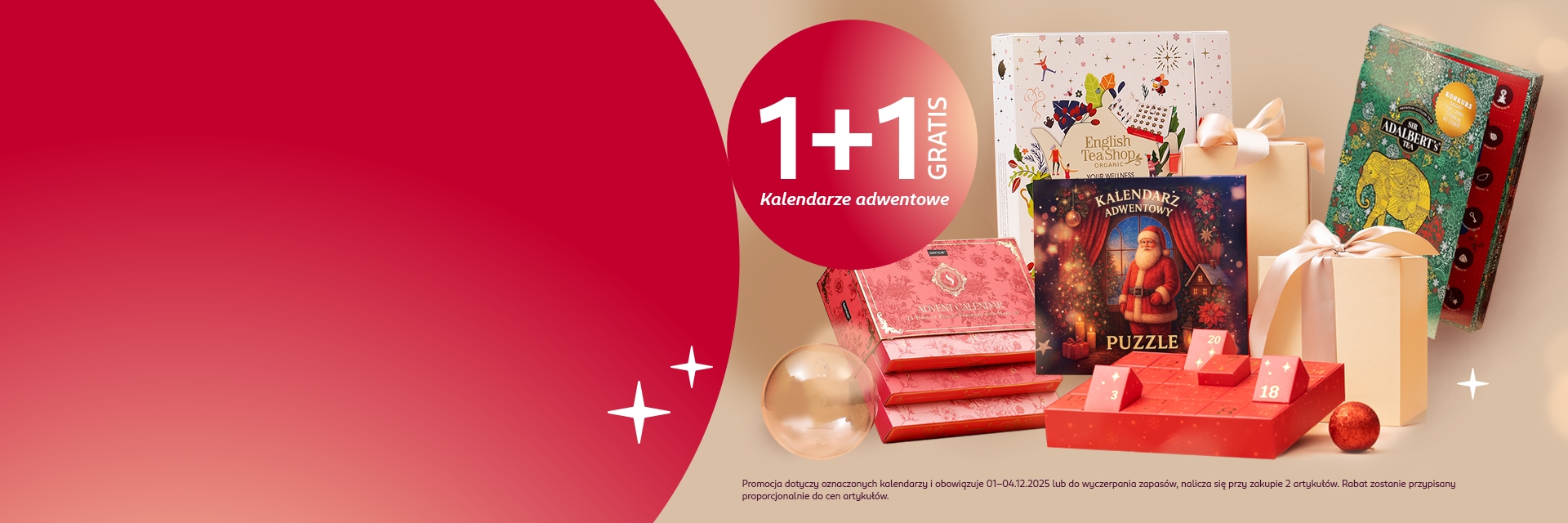 Promocja 1+1 gratis na kalendarze adwentowe – na grafice zestaw eleganckich kalendarzy i ozdób świątecznych.