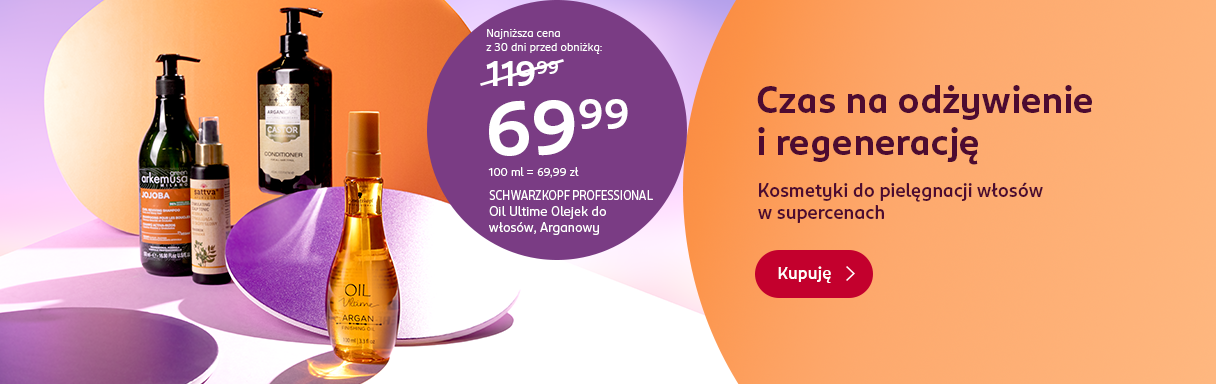 Promocja w drogerii online: olejek arganowy Schwarzkopf Professional za 69,99 zł, w tle kosmetyki do włosów marek Sattva, Arganicare i Green Arkemusa.
