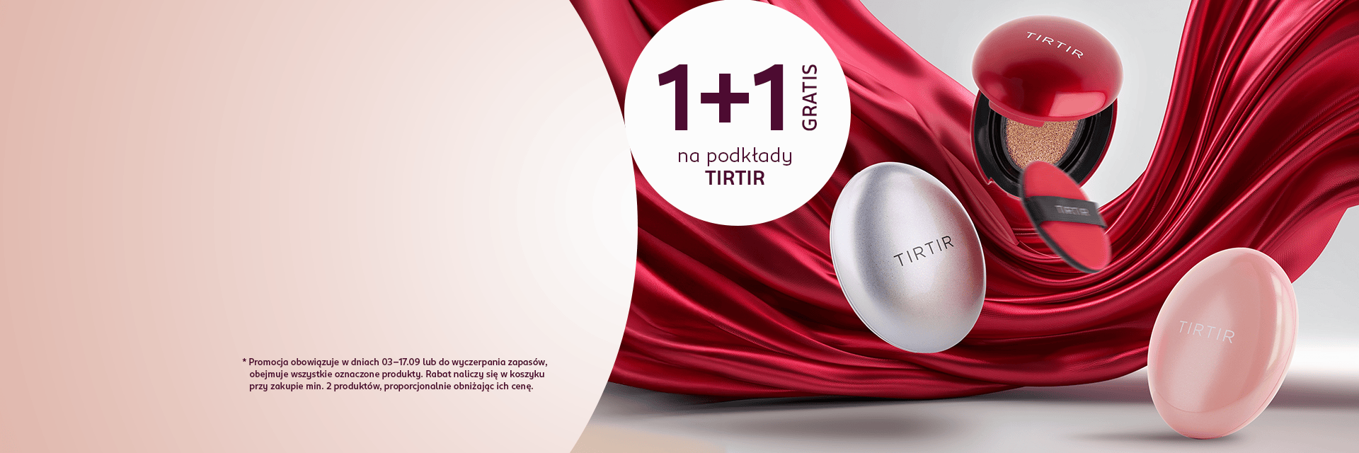 Grafika promocyjna Rossmann: podkłady TIRTIR 1+1 gratis, czerwone tło, oferta online.