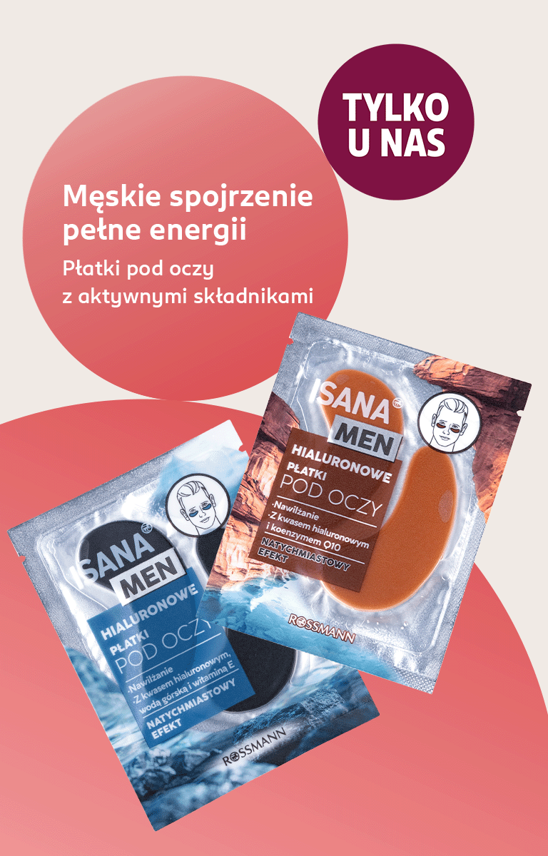 Dwa opakowania płatków pod oczy z aktywnymi składnikami dla mężczyzn - pomarańczowe i niebieskie Isana Men na różowym tle z hasłem "Tylko u nas" - męskie spojrzenie pełne energii dostępne wyłącznie w drogerii Rossmann.