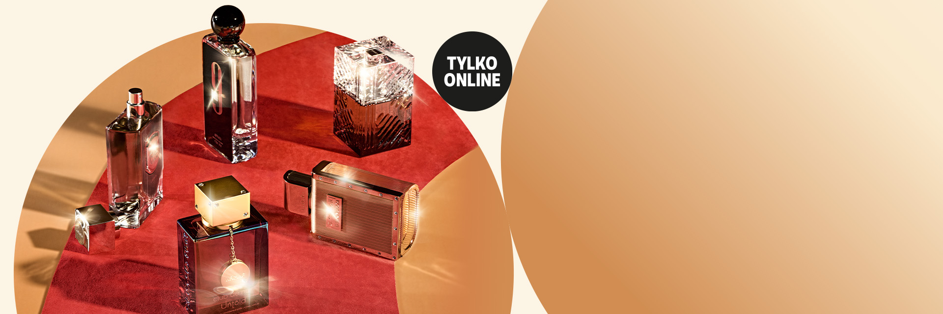 Eleganckie flakony perfum arabskich na czerwonym tle - Afnan, Lattafa i inne marki. Oznaczenie Tylko Online – ekskluzywna oferta zapachów dostępna w drogerii internetowej.