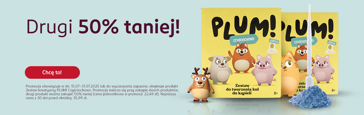 Baner z zestawem PLUM! Czyściochowo do tworzenia kul do kąpieli z postaciami zwierząt na opakowaniu, promocja "Drugi 50% taniej!", przycisk "Chcę to!".