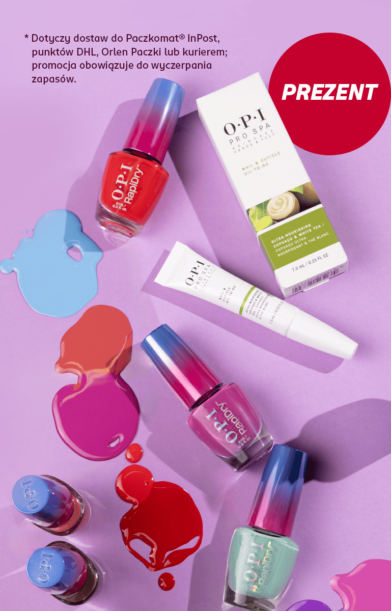 Kolorowe lakiery OPI, na ich tle Oliwka Pro Spa Oil 7,5 ml jako „PREZENT” – gratis tylko przy dostawie kurierem lub do punktu odbioru.