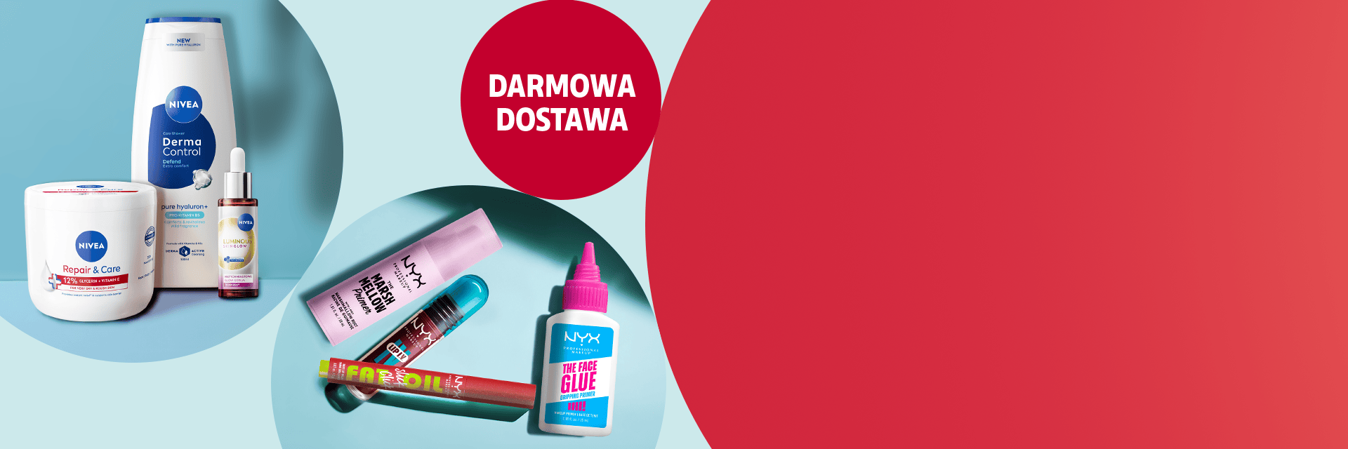 Banner promujący darmową dostawę z markami: Nivea i NYX.
