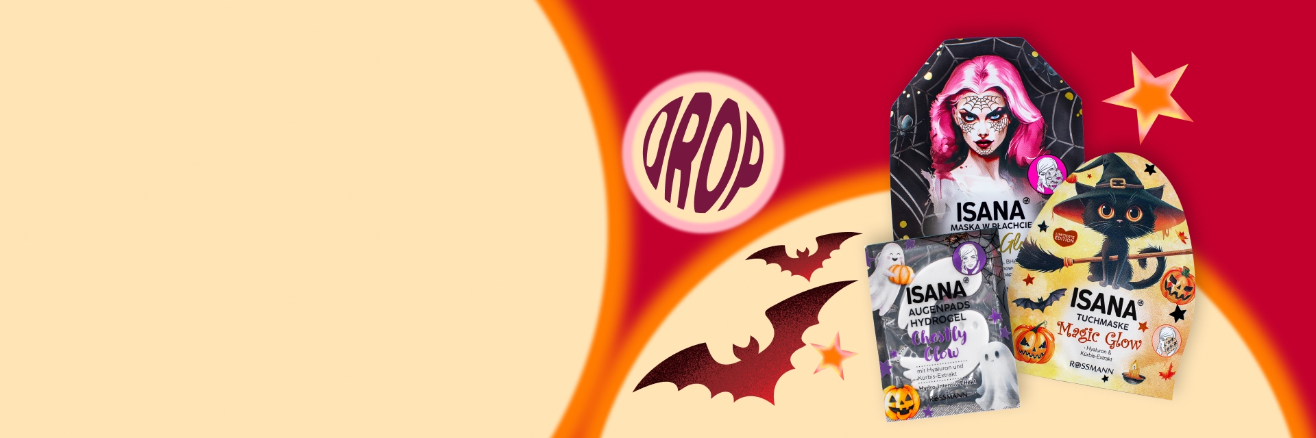 Drop - limitowana edycja kosmetyków ISANA w wydaniu halloweenowym! Maski w płachcie i płatki pod oczy w spooky klimacie na czerwono-żółtym tle z nietoperzami. Dostępne tylko w drogerii Rossmann.