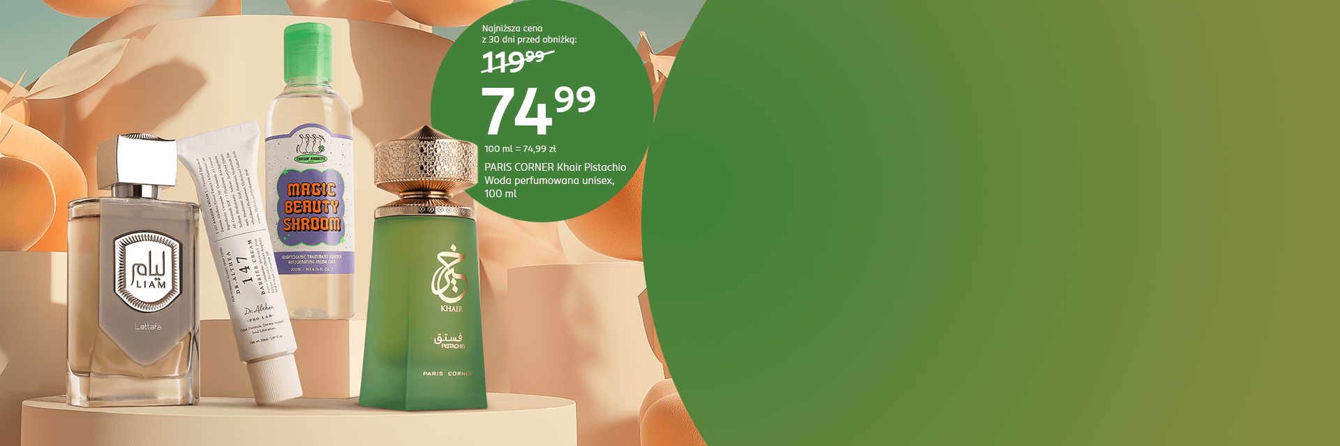 Banner z wodą perfumowaną Paris Corner Khair Pistachio 100 ml w promocji za 74,99 zł, obok krem Dr. Althea Pro Lab 47 i tonik Magic Beauty Shroom na zielono-beżowym tle.