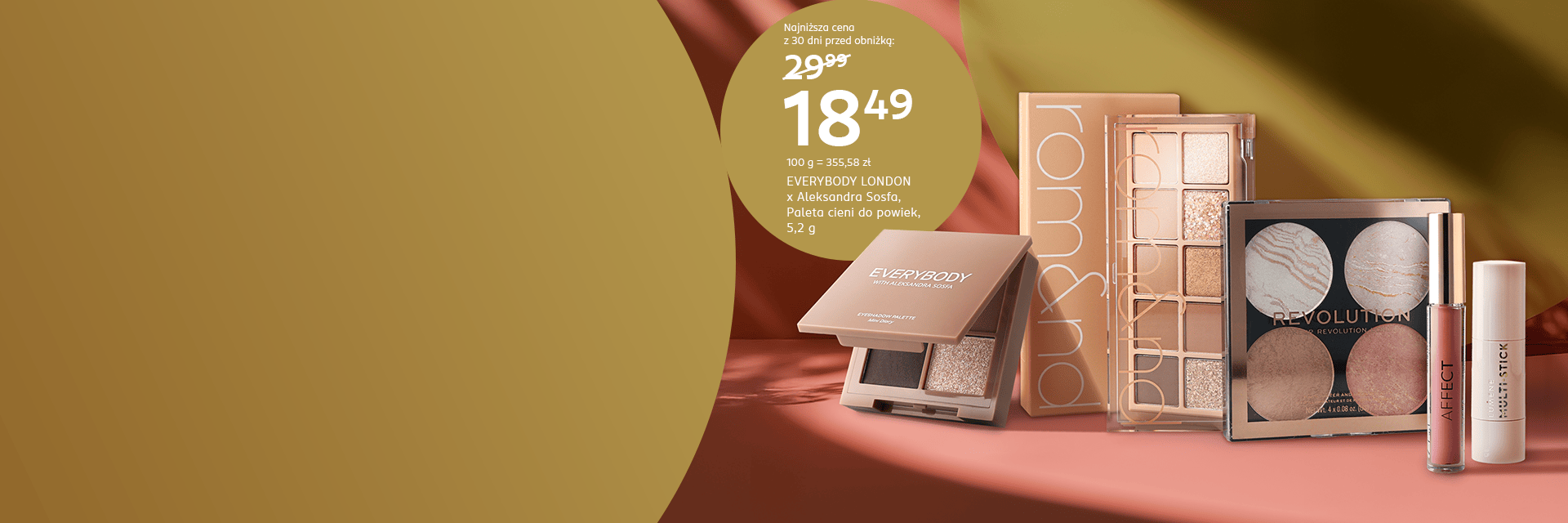 Banner z kosmetykami do makijażu na tle w kolorach ziemi: paletka cieni Everybody London x Sosfa Mini Diary w cenie 18,49 zł; paletka cieni Rom&nd; paleta rozświetlaczy Revolution Take A Breathe; bronzer w sticku Lumene i pomadka do ust Affect Soft Matte.