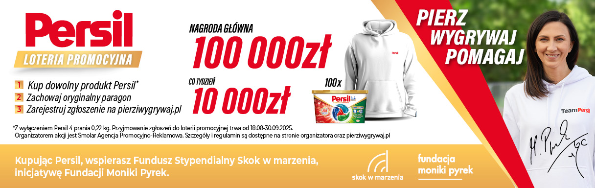 Baner loterii Persil: kup produkt, zachowaj paragon i zgłoś się na pierziwygrywaj.pl. Do wygrania 100 000 zł oraz cotygodniowe nagrody 10 000 zł. Produkty i bluza Team Persil na grafice.